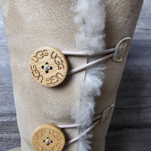 UGG Bailey Button Triplet II Tall Sheepskin Shearling Suede Wool Sand Boots - Picture 10 of 16